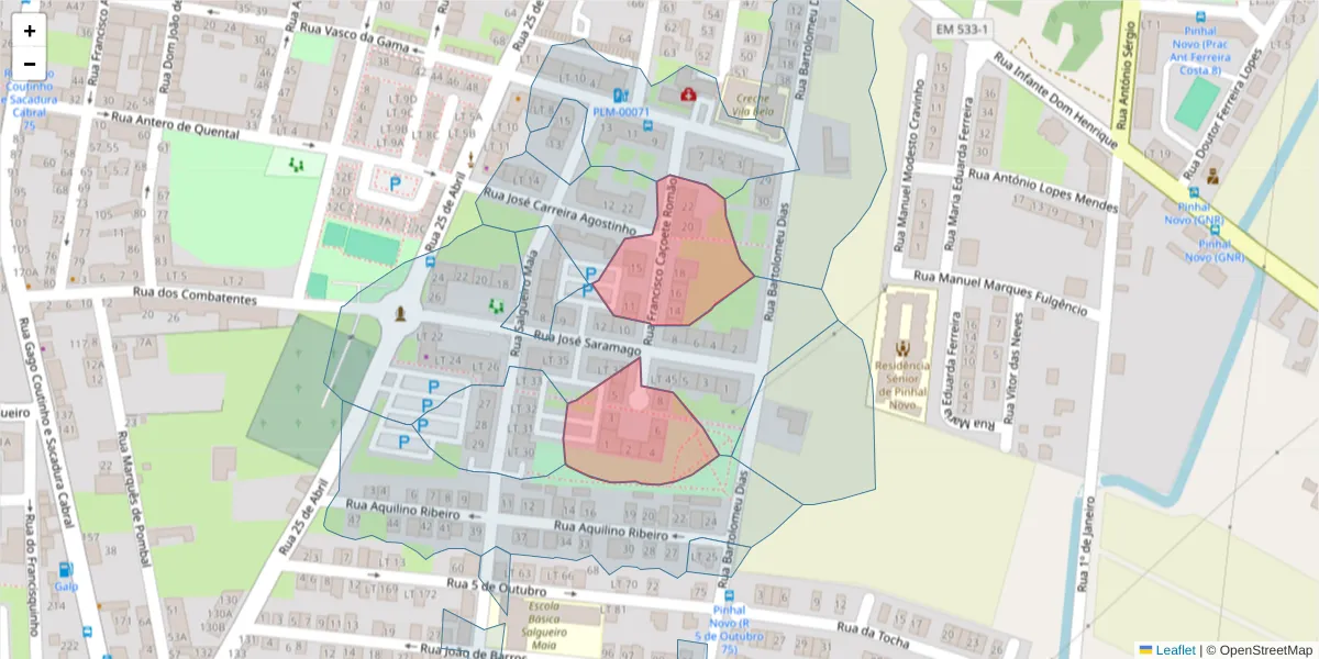 Mapa detalhado do código postal 2955-029 com limites, códigos postais vizinhos e agências dos correios