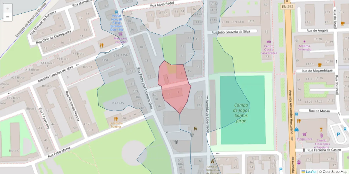 Mapa detalhado do código postal 2955-032 com limites, códigos postais vizinhos e agências dos correios