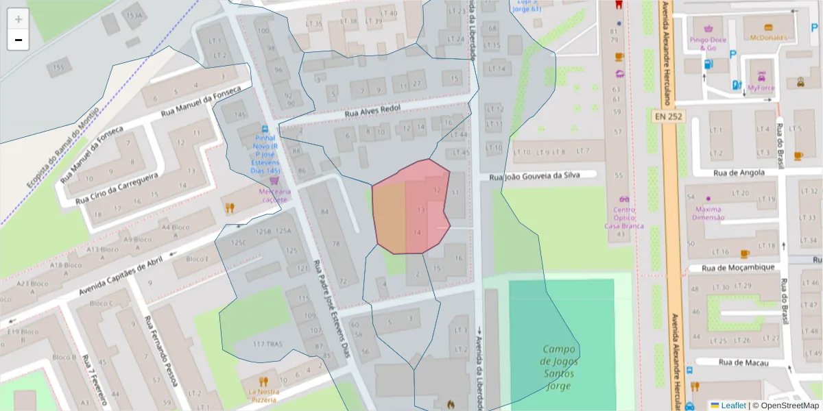 Mapa detalhado do código postal 2955-033 com limites, códigos postais vizinhos e agências dos correios