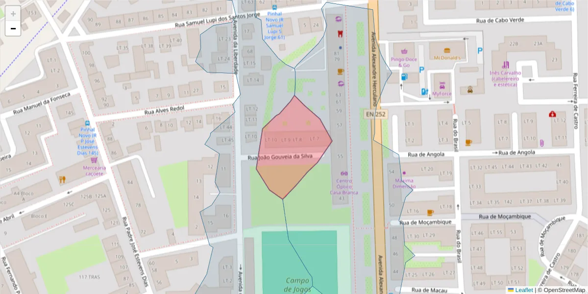 Mapa detalhado do código postal 2955-034 com limites, códigos postais vizinhos e agências dos correios