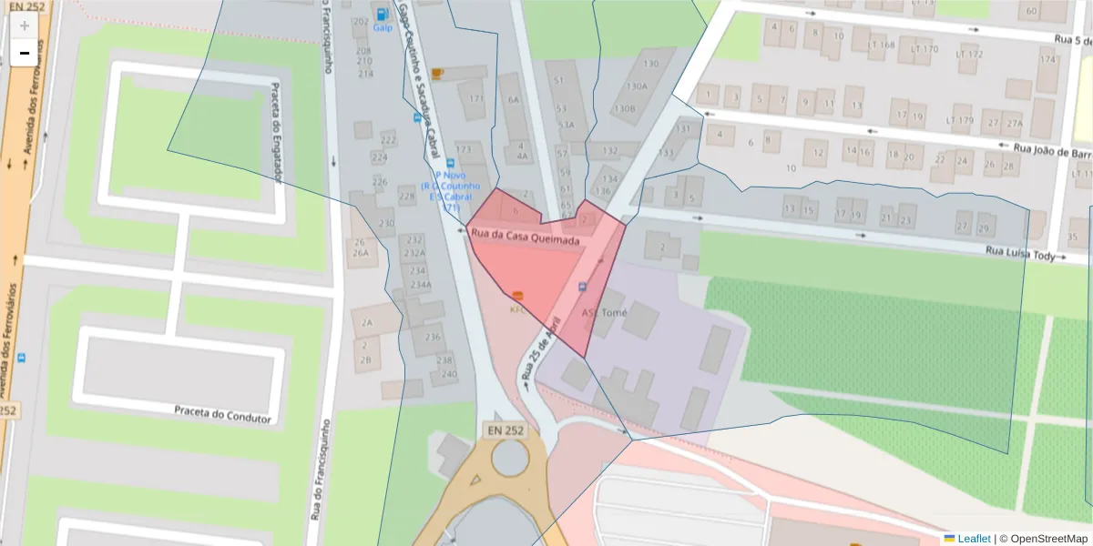 Mapa detalhado do código postal 2955-038 com limites, códigos postais vizinhos e agências dos correios