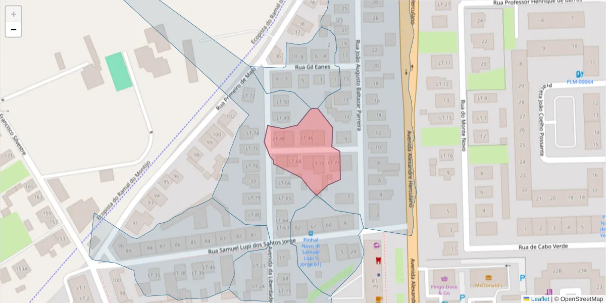 Mapa detalhado do código postal 2955-043 com limites, códigos postais vizinhos e agências dos correios
