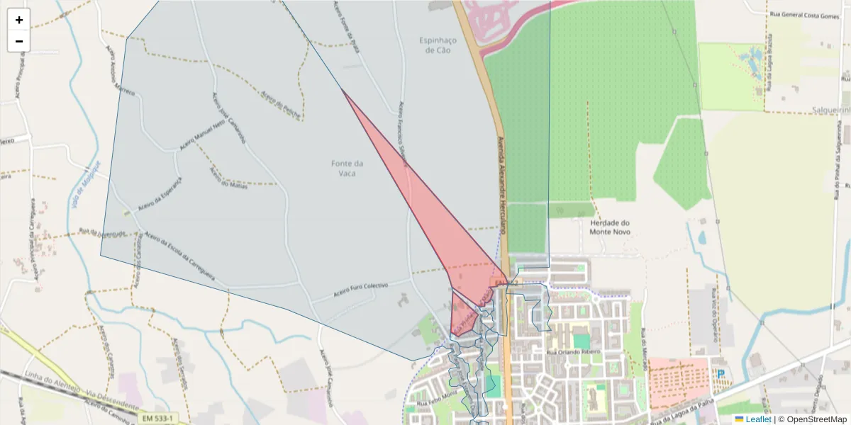 Mapa detalhado do código postal 2955-044 com limites, códigos postais vizinhos e agências dos correios