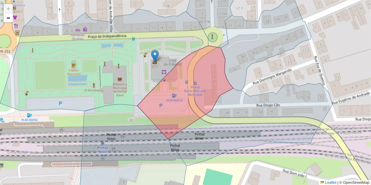 Mapa detalhado do código postal 2955-045 com limites, códigos postais vizinhos e agências dos correios