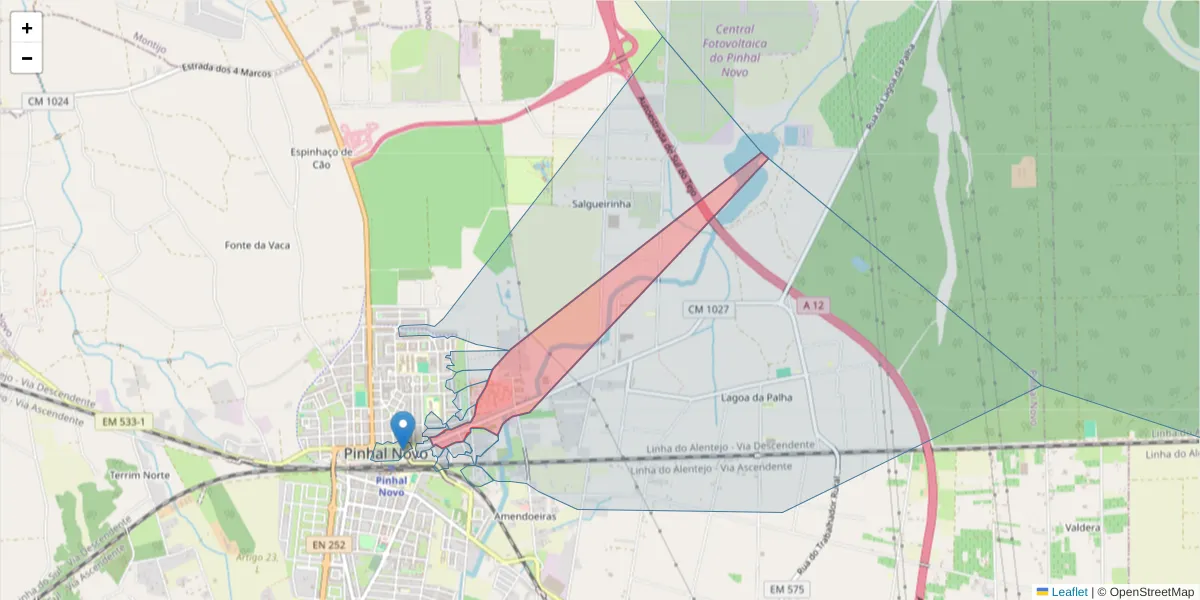 Mapa detalhado do código postal 2955-047 com limites, códigos postais vizinhos e agências dos correios