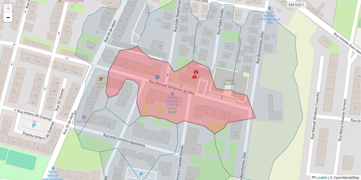 Mapa detalhado do código postal 2955-050 com limites, códigos postais vizinhos e agências dos correios