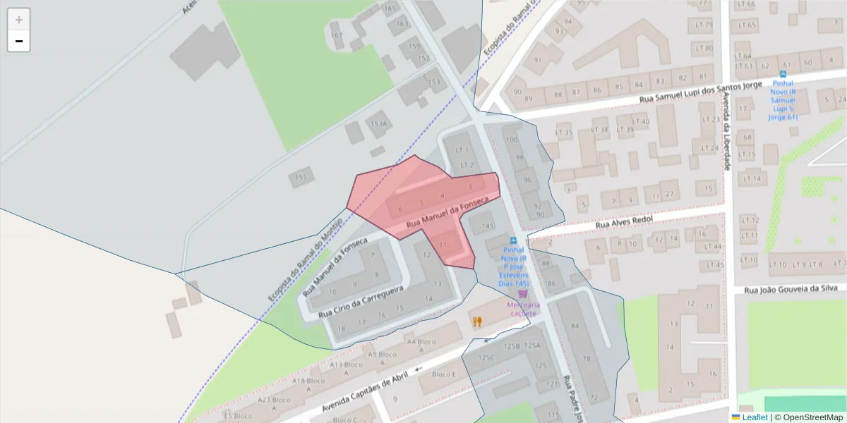 Mapa detalhado do código postal 2955-060 com limites, códigos postais vizinhos e agências dos correios