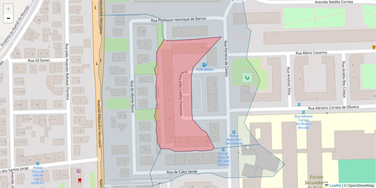 Mapa detalhado do código postal 2955-084 com limites, códigos postais vizinhos e agências dos correios