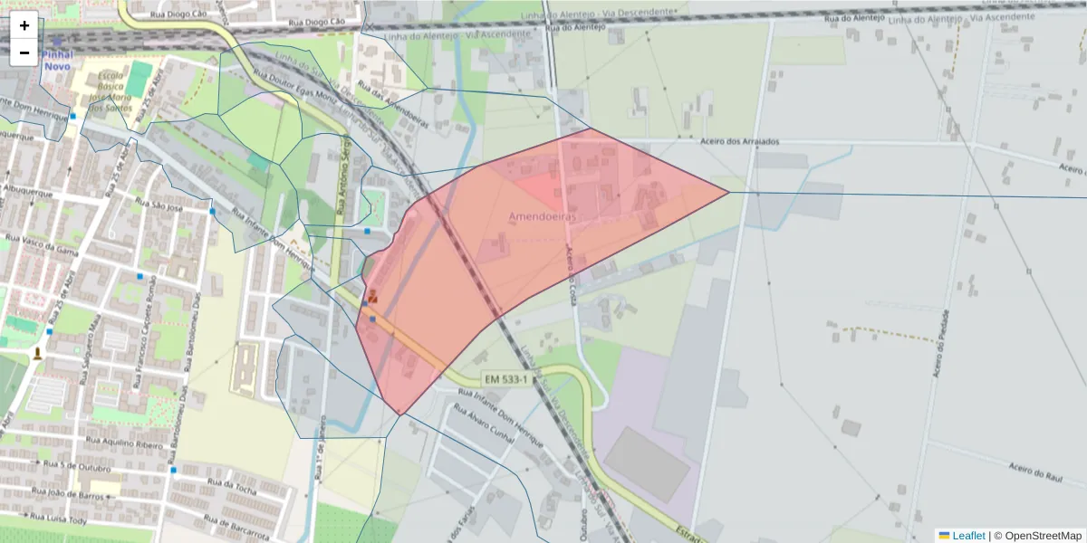 Mapa detalhado do código postal 2955-087 com limites, códigos postais vizinhos e agências dos correios