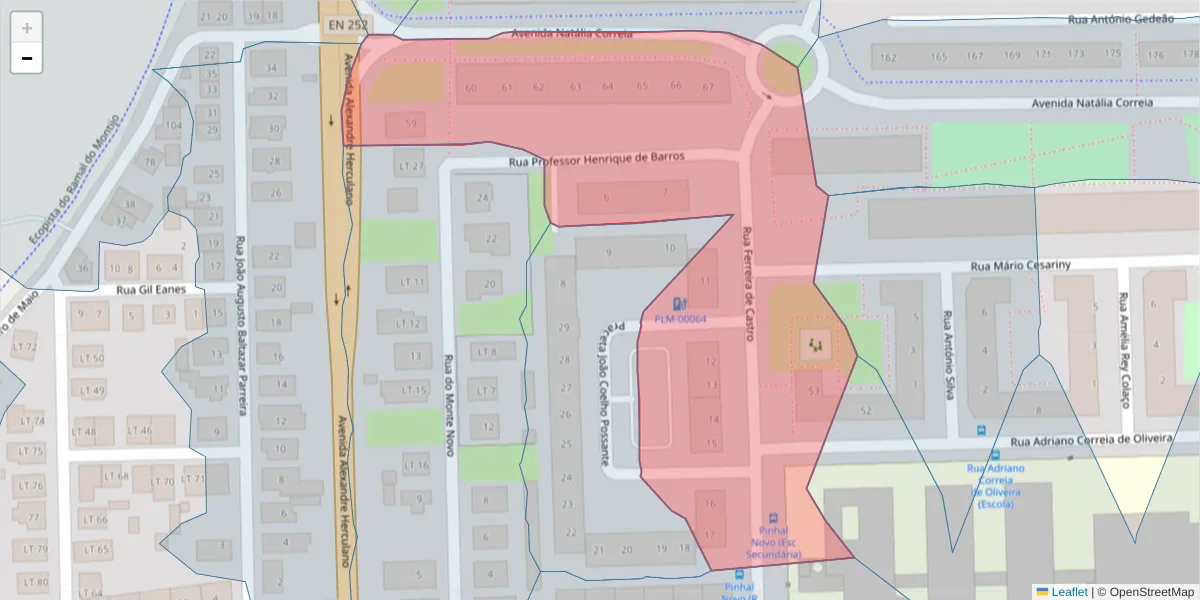 Mapa detalhado do código postal 2955-090 com limites, códigos postais vizinhos e agências dos correios
