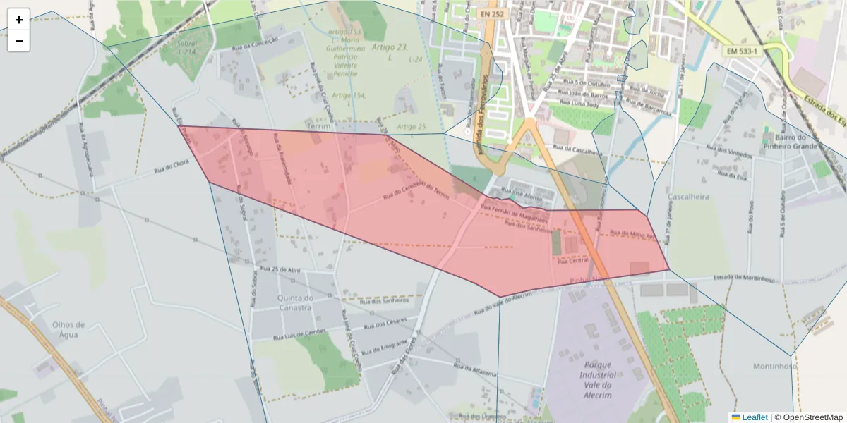 Mapa detalhado do código postal 2955-102 com limites, códigos postais vizinhos e agências dos correios