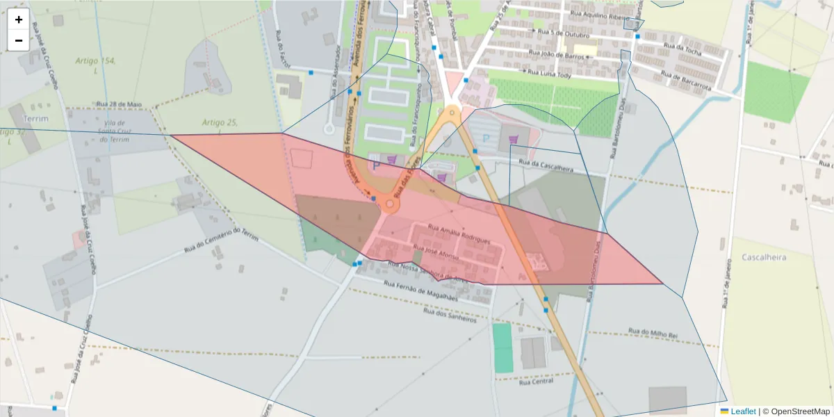 Mapa detalhado do código postal 2955-103 com limites, códigos postais vizinhos e agências dos correios