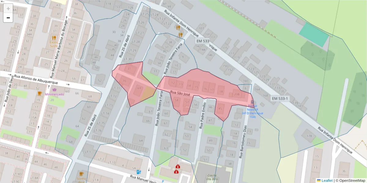 Mapa detalhado do código postal 2955-105 com limites, códigos postais vizinhos e agências dos correios