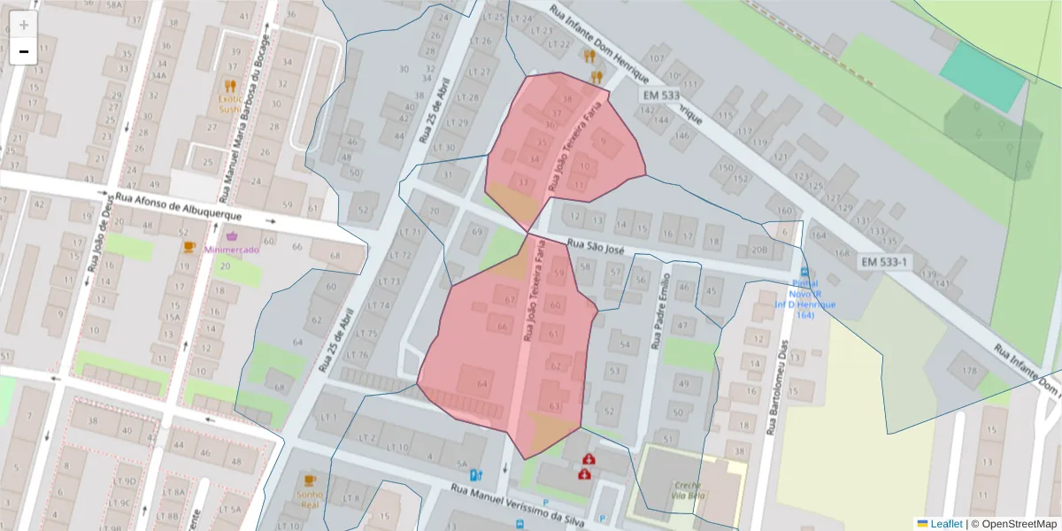 Mapa detalhado do código postal 2955-106 com limites, códigos postais vizinhos e agências dos correios