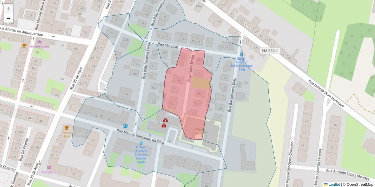 Mapa detalhado do código postal 2955-107 com limites, códigos postais vizinhos e agências dos correios