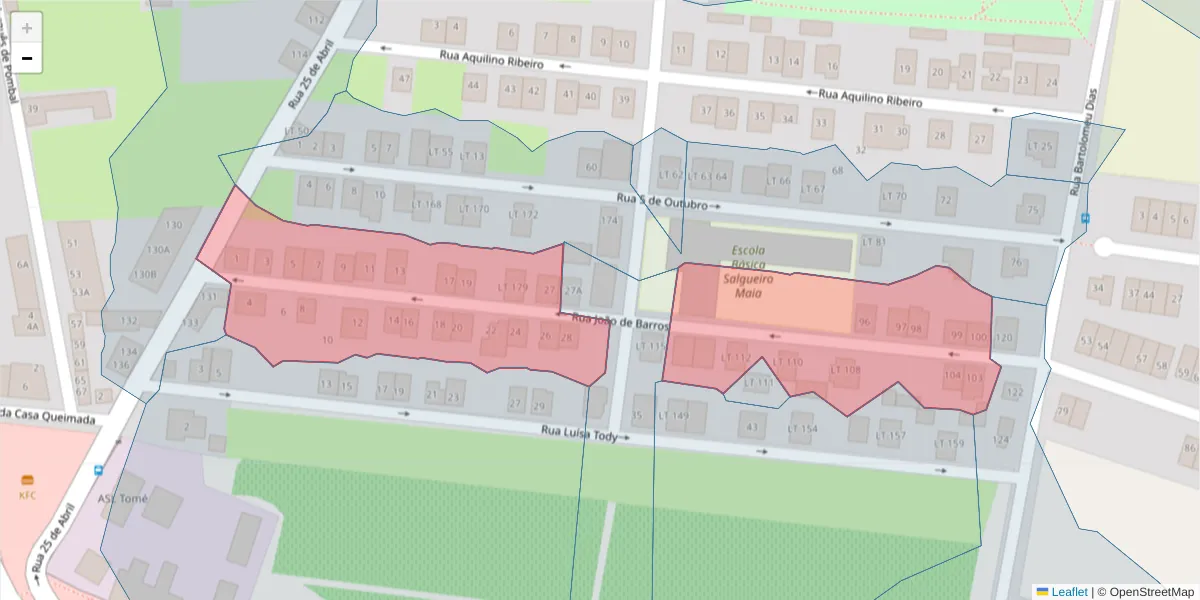 Mapa detalhado do código postal 2955-110 com limites, códigos postais vizinhos e agências dos correios