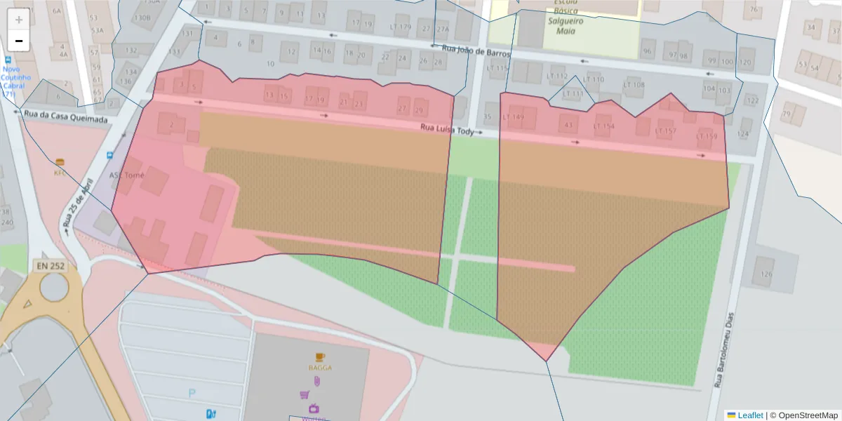 Mapa detalhado do código postal 2955-111 com limites, códigos postais vizinhos e agências dos correios