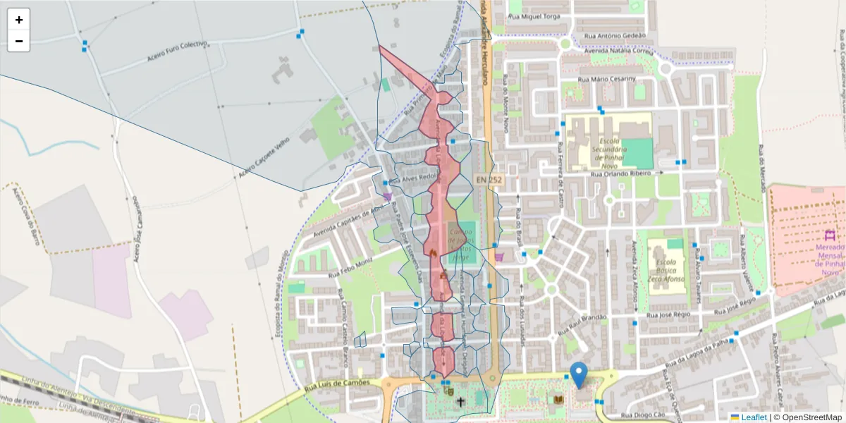 Mapa detalhado do código postal 2955-114 com limites, códigos postais vizinhos e agências dos correios