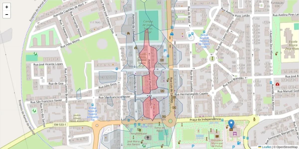 Mapa detalhado do código postal 2955-115 com limites, códigos postais vizinhos e agências dos correios