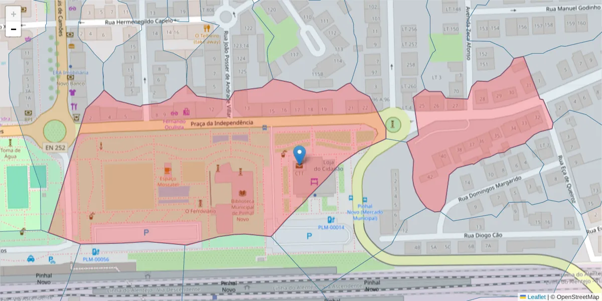 Mapa detalhado do código postal 2955-120 com limites, códigos postais vizinhos e agências dos correios