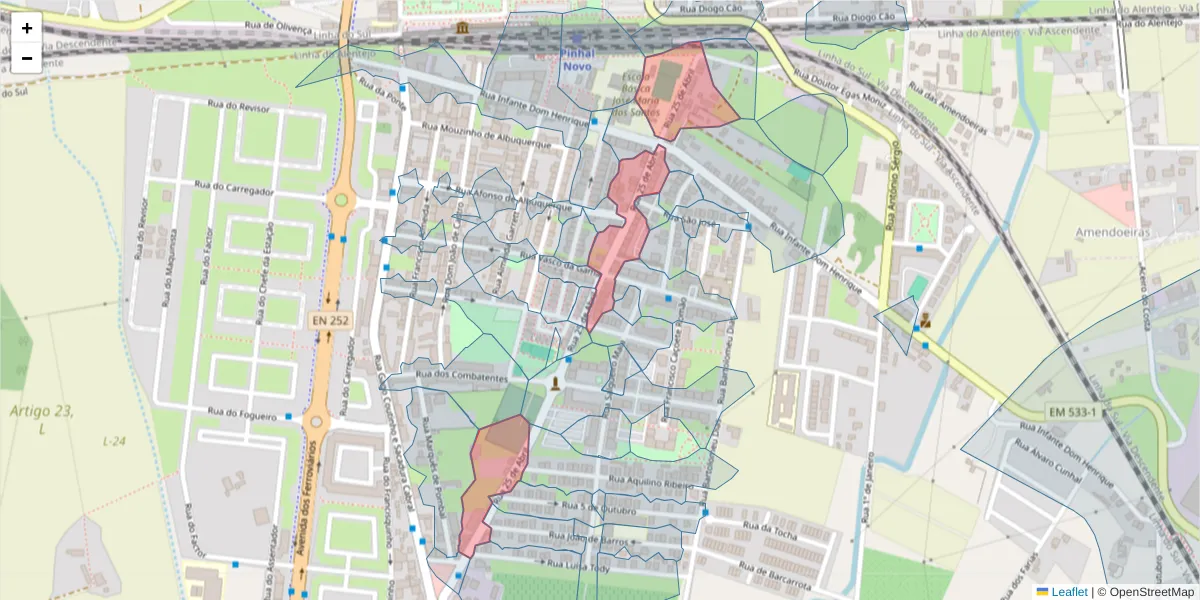 Mapa detalhado do código postal 2955-123 com limites, códigos postais vizinhos e agências dos correios