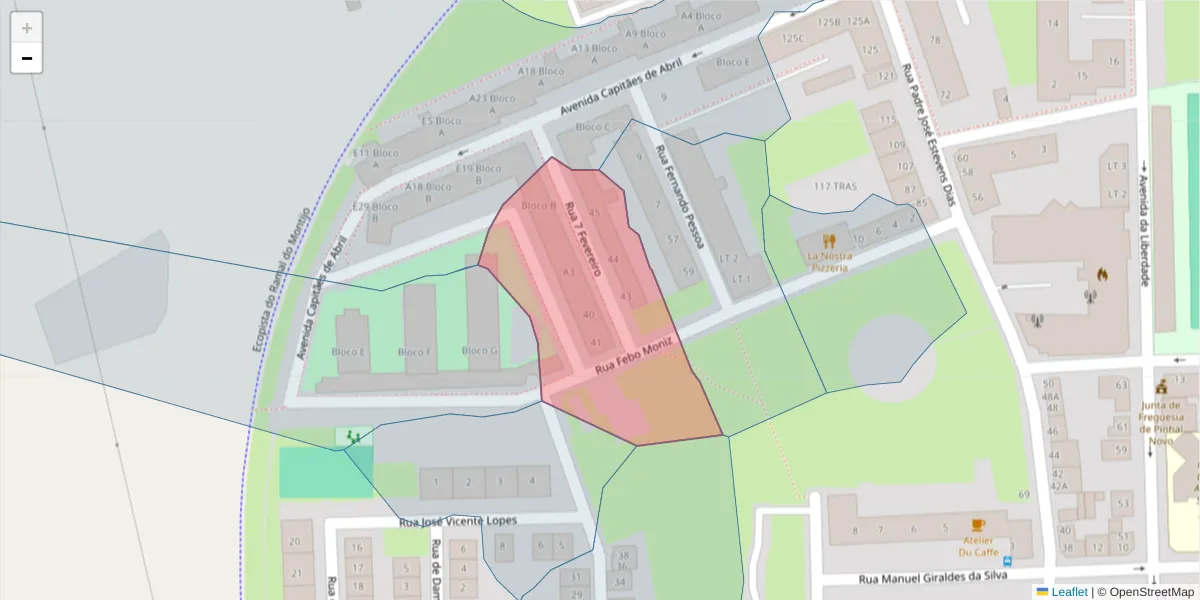 Mapa detalhado do código postal 2955-124 com limites, códigos postais vizinhos e agências dos correios