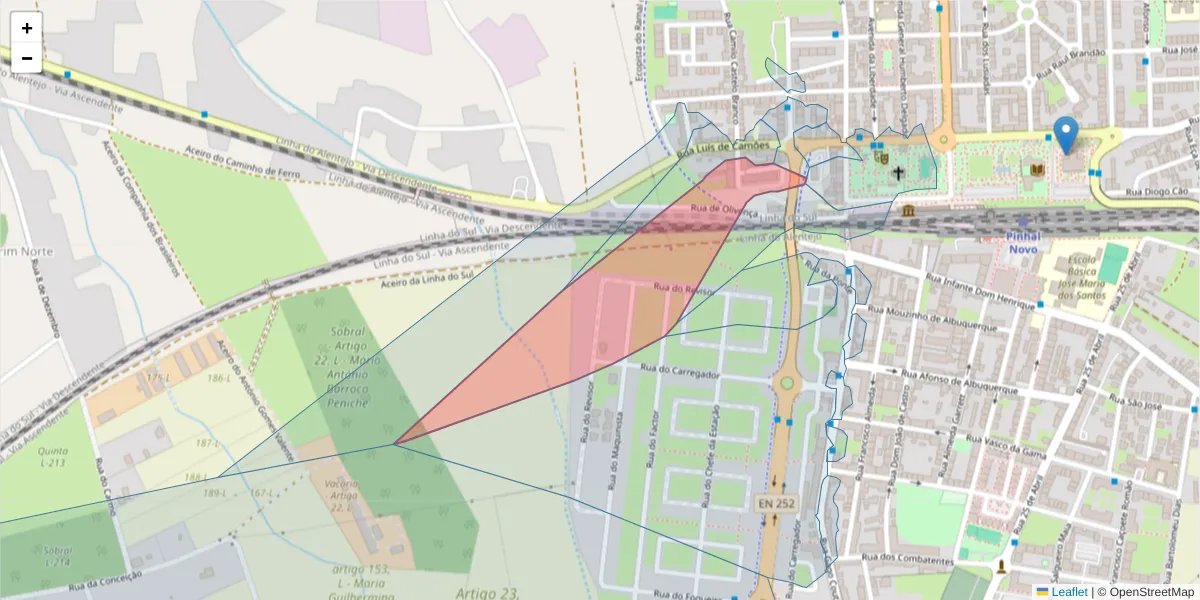 Mapa detalhado do código postal 2955-131 com limites, códigos postais vizinhos e agências dos correios