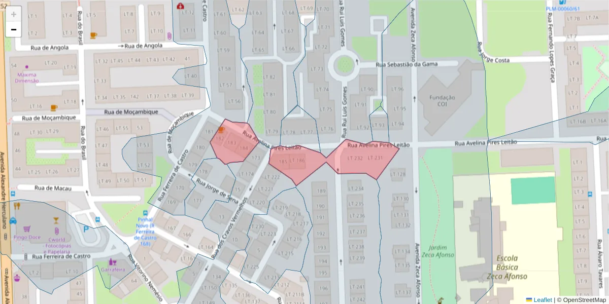 Mapa detalhado do código postal 2955-134 com limites, códigos postais vizinhos e agências dos correios