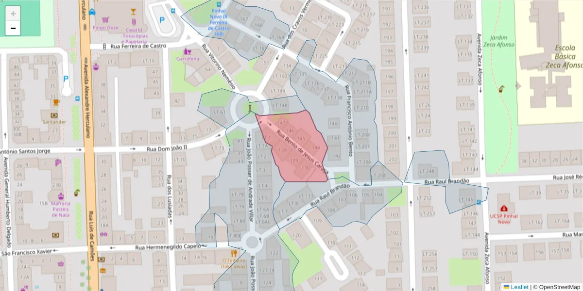 Mapa detalhado do código postal 2955-152 com limites, códigos postais vizinhos e agências dos correios