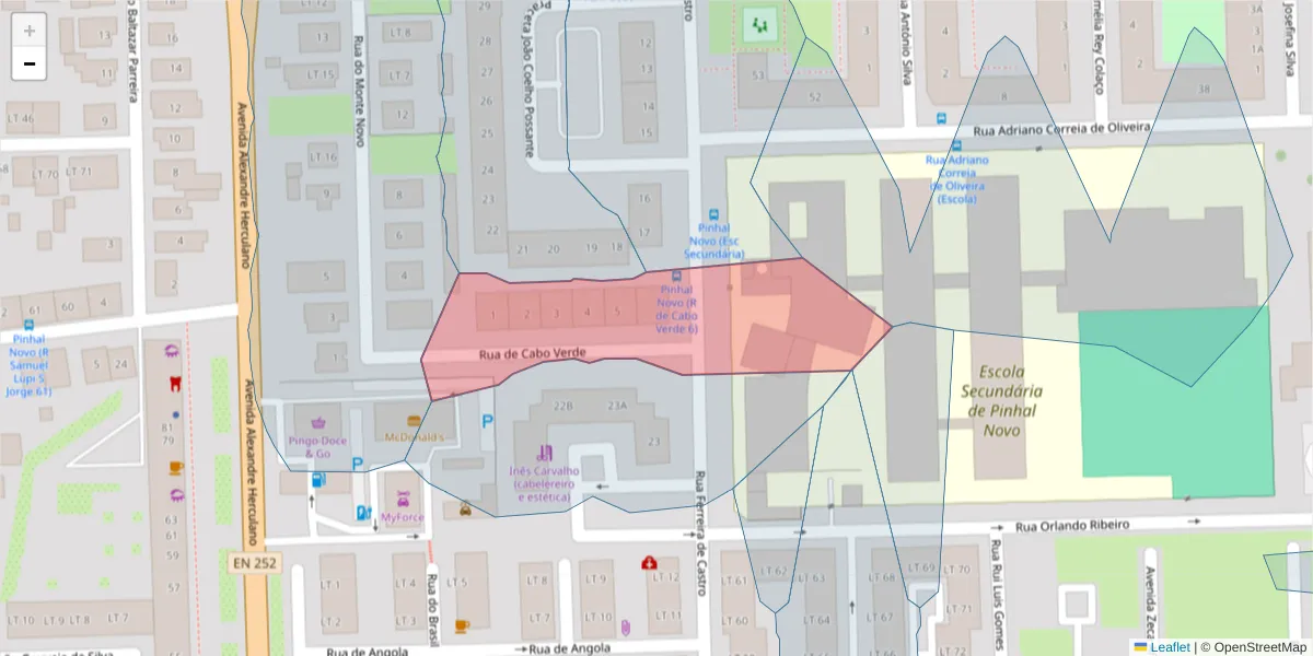 Mapa detalhado do código postal 2955-157 com limites, códigos postais vizinhos e agências dos correios