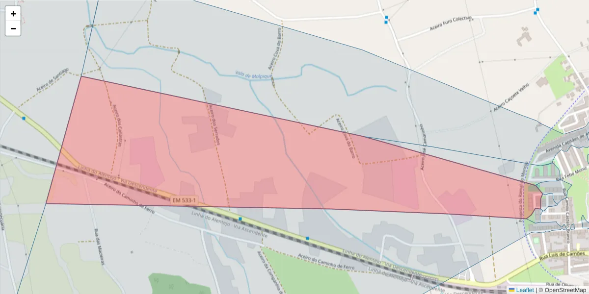 Mapa detalhado do código postal 2955-159 com limites, códigos postais vizinhos e agências dos correios