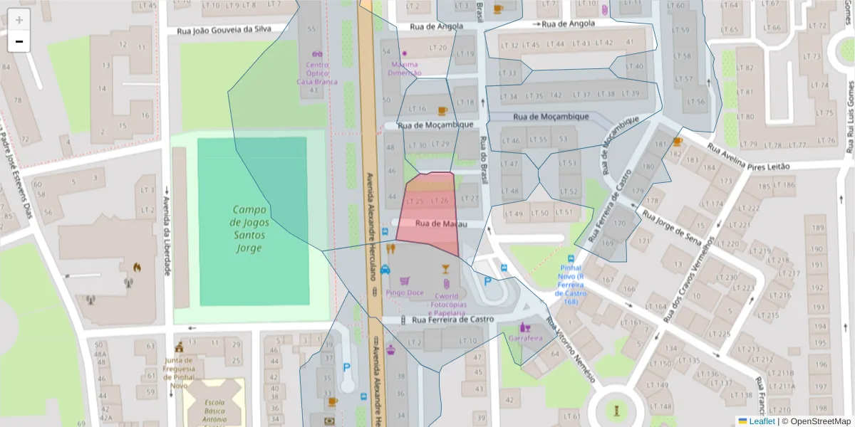 Mapa detalhado do código postal 2955-161 com limites, códigos postais vizinhos e agências dos correios