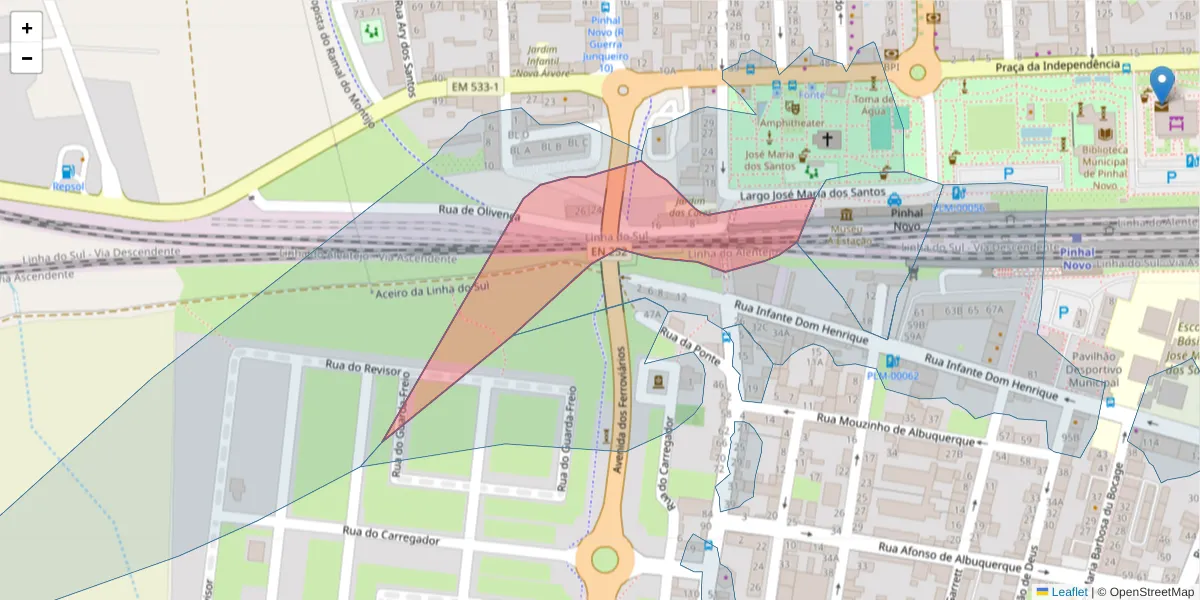 Mapa detalhado do código postal 2955-163 com limites, códigos postais vizinhos e agências dos correios