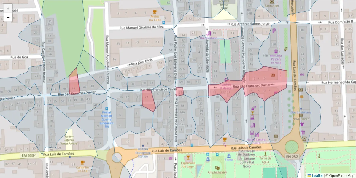 Mapa detalhado do código postal 2955-164 com limites, códigos postais vizinhos e agências dos correios