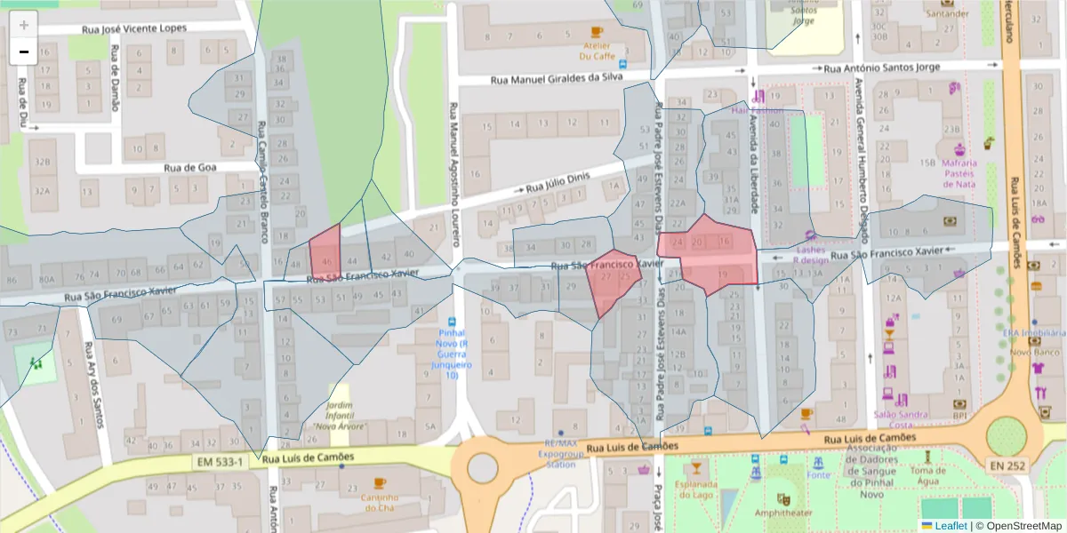 Mapa detalhado do código postal 2955-165 com limites, códigos postais vizinhos e agências dos correios