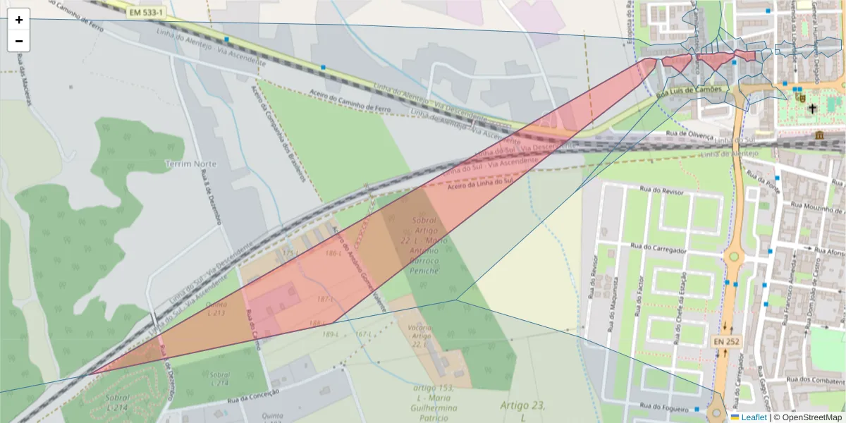 Mapa detalhado do código postal 2955-166 com limites, códigos postais vizinhos e agências dos correios
