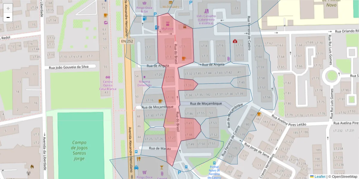 Mapa detalhado do código postal 2955-172 com limites, códigos postais vizinhos e agências dos correios