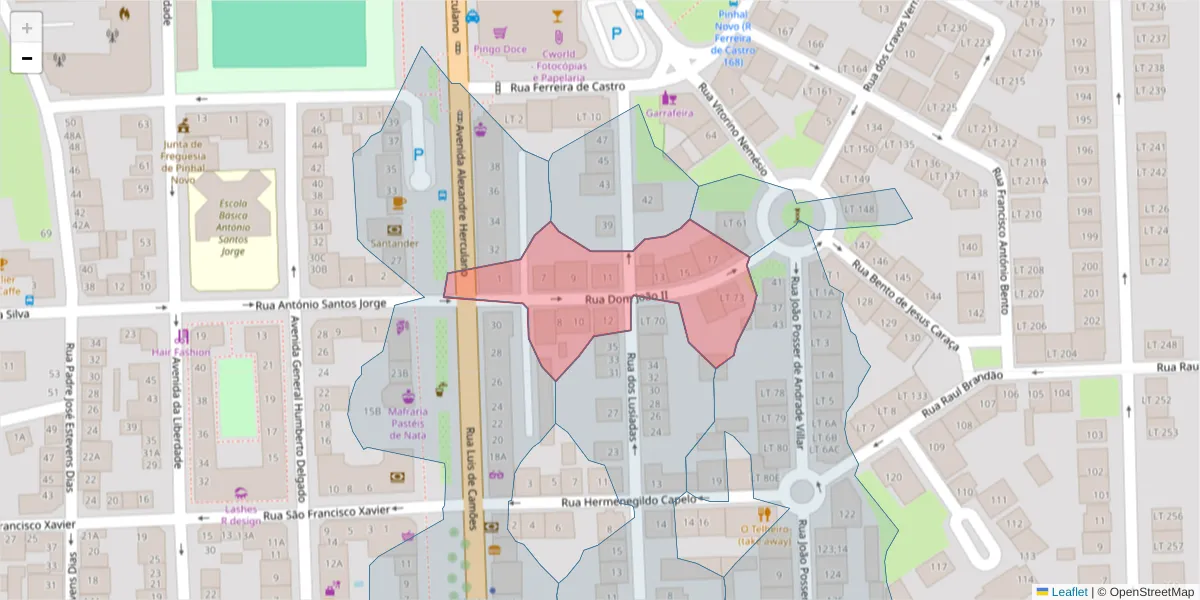 Mapa detalhado do código postal 2955-176 com limites, códigos postais vizinhos e agências dos correios