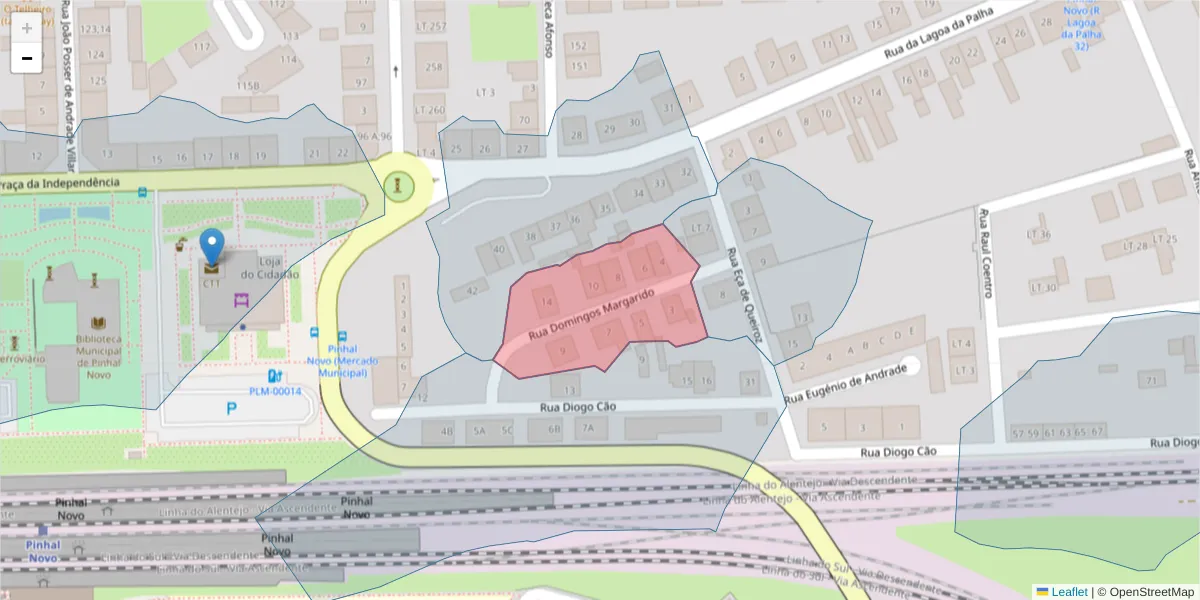 Mapa detalhado do código postal 2955-178 com limites, códigos postais vizinhos e agências dos correios