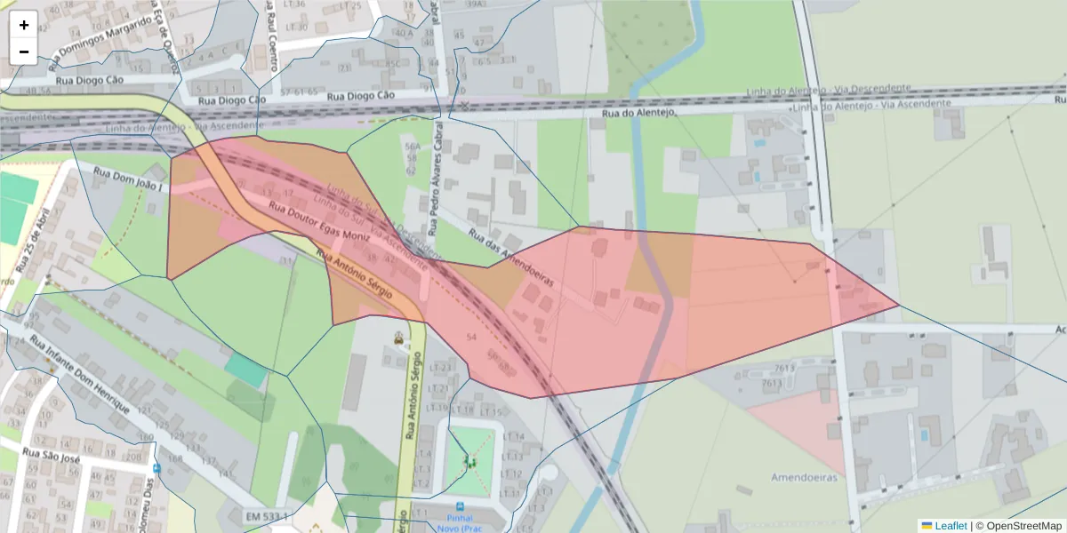 Mapa detalhado do código postal 2955-182 com limites, códigos postais vizinhos e agências dos correios