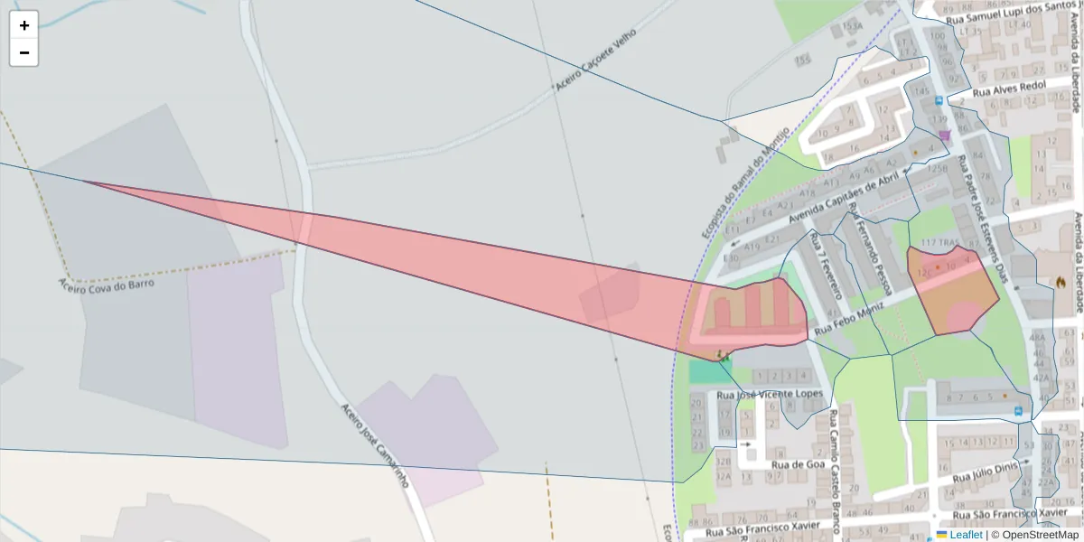 Mapa detalhado do código postal 2955-183 com limites, códigos postais vizinhos e agências dos correios