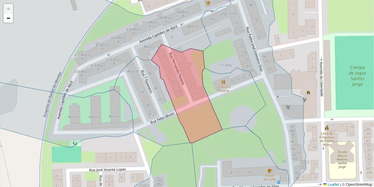 Mapa detalhado do código postal 2955-184 com limites, códigos postais vizinhos e agências dos correios
