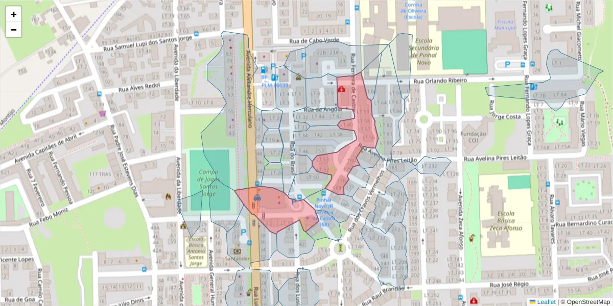 Mapa detalhado do código postal 2955-185 com limites, códigos postais vizinhos e agências dos correios