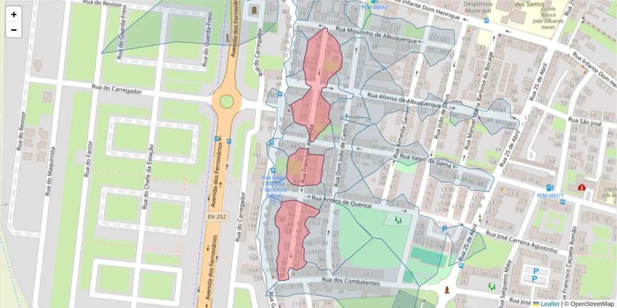 Mapa detalhado do código postal 2955-187 com limites, códigos postais vizinhos e agências dos correios