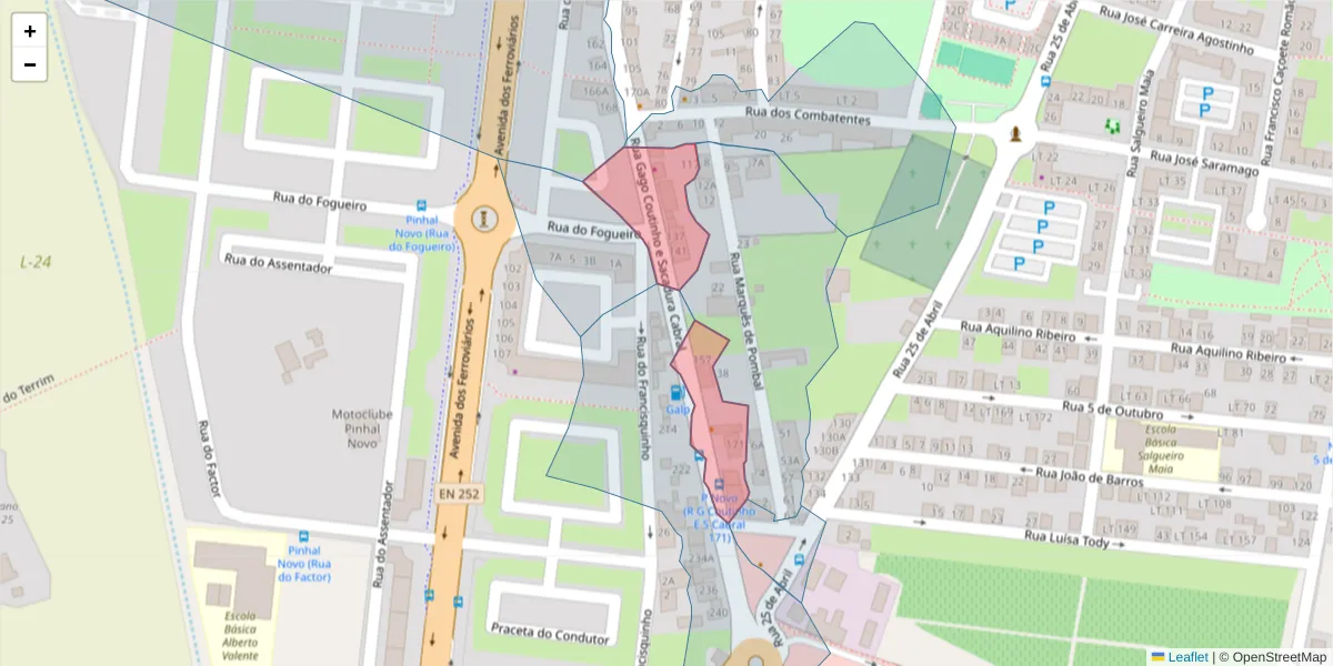 Mapa detalhado do código postal 2955-191 com limites, códigos postais vizinhos e agências dos correios