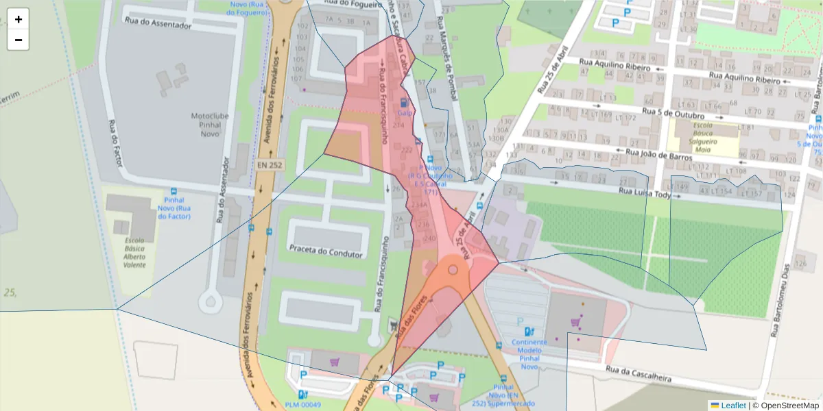 Mapa detalhado do código postal 2955-192 com limites, códigos postais vizinhos e agências dos correios