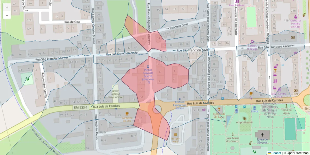 Mapa detalhado do código postal 2955-194 com limites, códigos postais vizinhos e agências dos correios