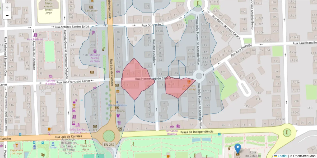 Mapa detalhado do código postal 2955-195 com limites, códigos postais vizinhos e agências dos correios