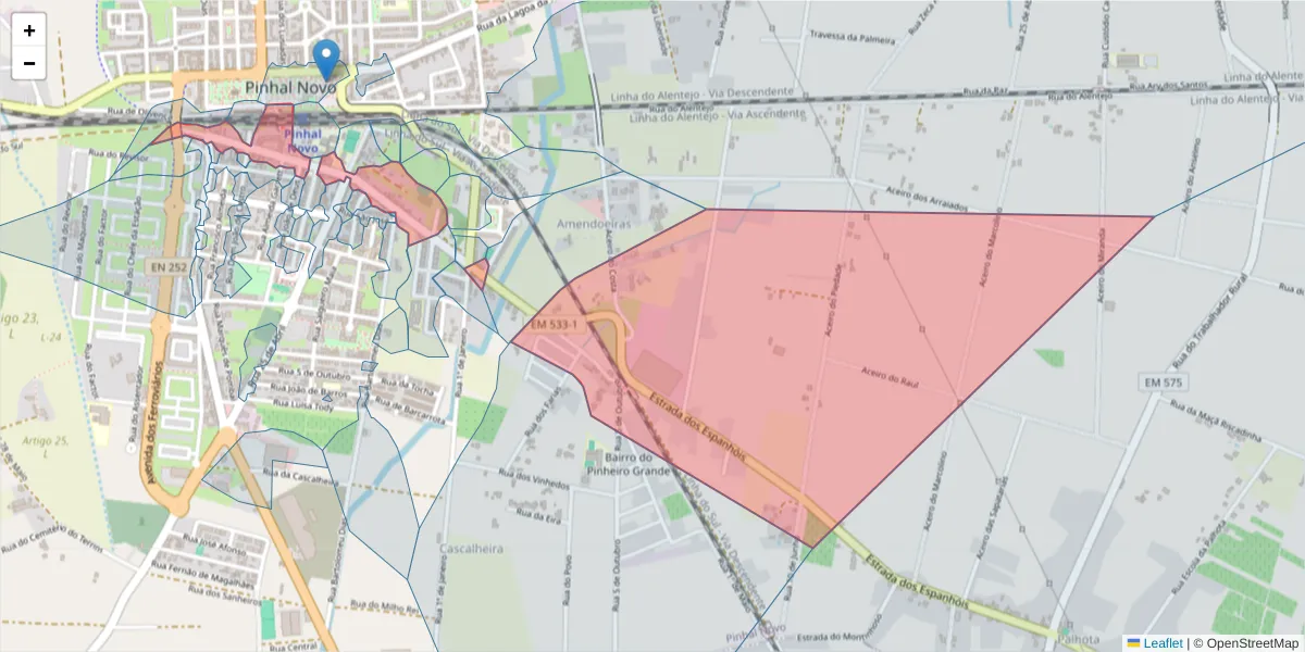 Mapa detalhado do código postal 2955-196 com limites, códigos postais vizinhos e agências dos correios
