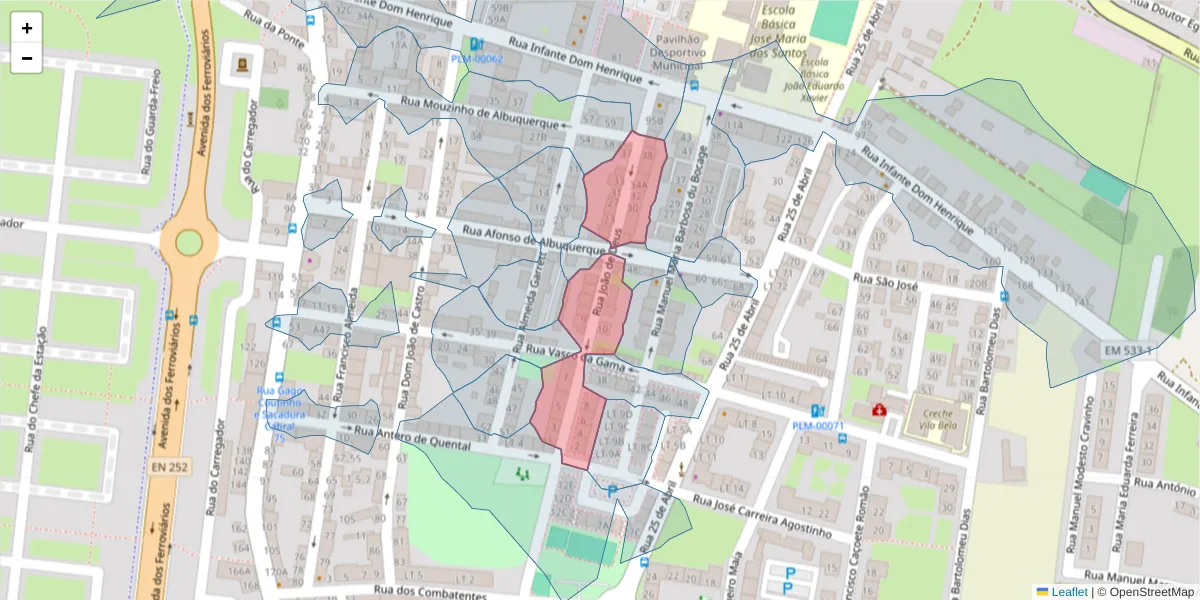 Mapa detalhado do código postal 2955-198 com limites, códigos postais vizinhos e agências dos correios